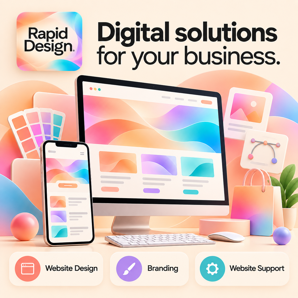 Rapid Design logo on a colourful pastel background